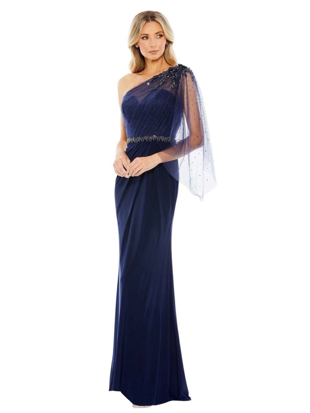 Mac Duggal 79392 Navy One Shoulder Beaded Mesh Cape Sleeve Gown Size 8 $698